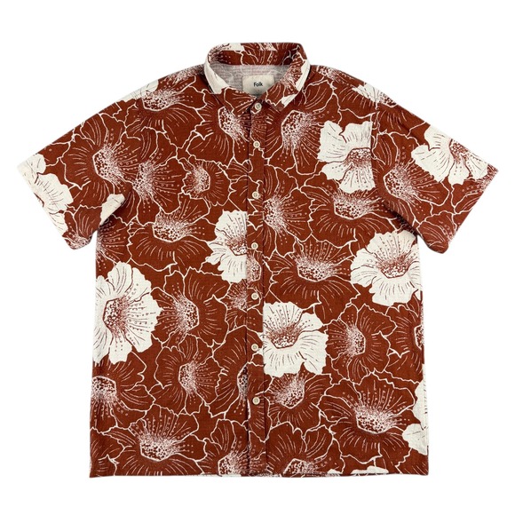Folk Shirt Mens L Brown White Bold Floral Short Sleeve Button Down Lightweight - Picture 2 of 9